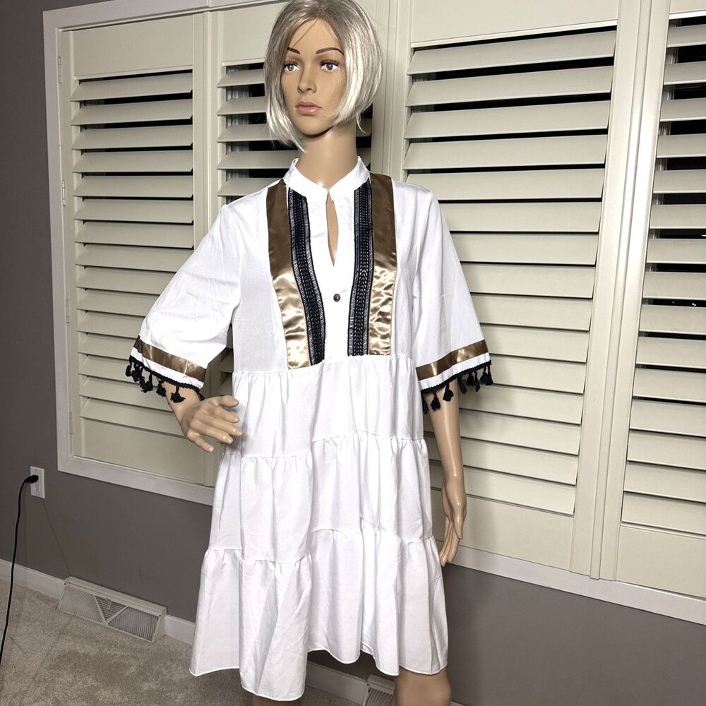 Ally Daly MEDIUM Dress White Short Sleeve Pom Pom Sleeves Lightweight Semi Sheer